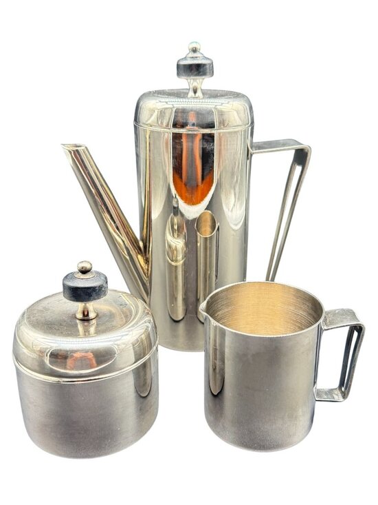MCM Coffee Pot Set Other - Vintage MCM Silver Stainless Steel Coffee/Tea Pot Creamer & Sugar Set With Lids